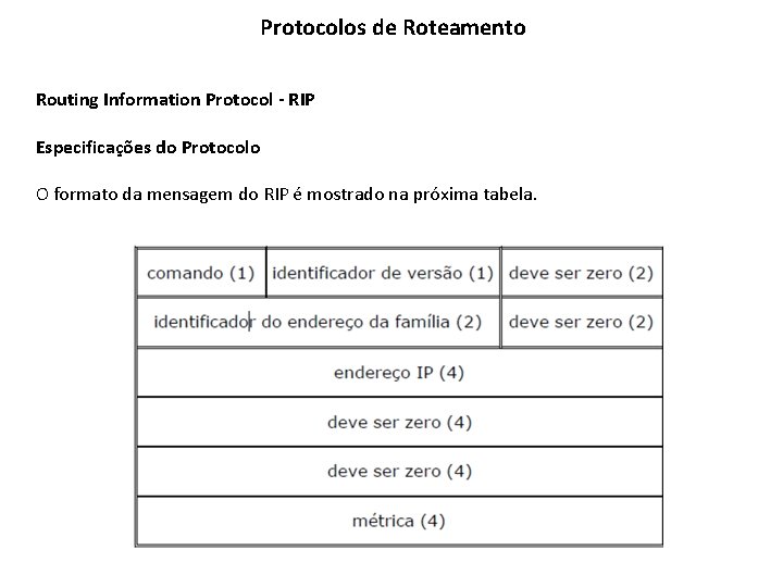 Protocolos de Roteamento Routing Information Protocol - RIP Especificações do Protocolo O formato da