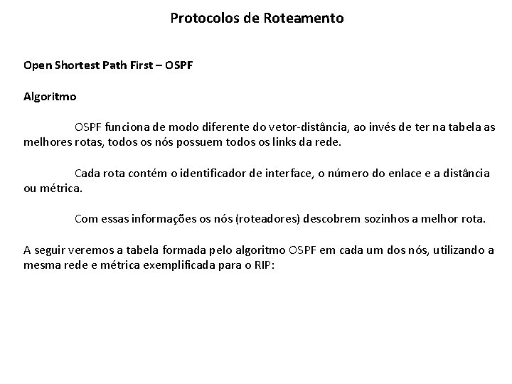 Protocolos de Roteamento Open Shortest Path First – OSPF Algoritmo OSPF funciona de modo