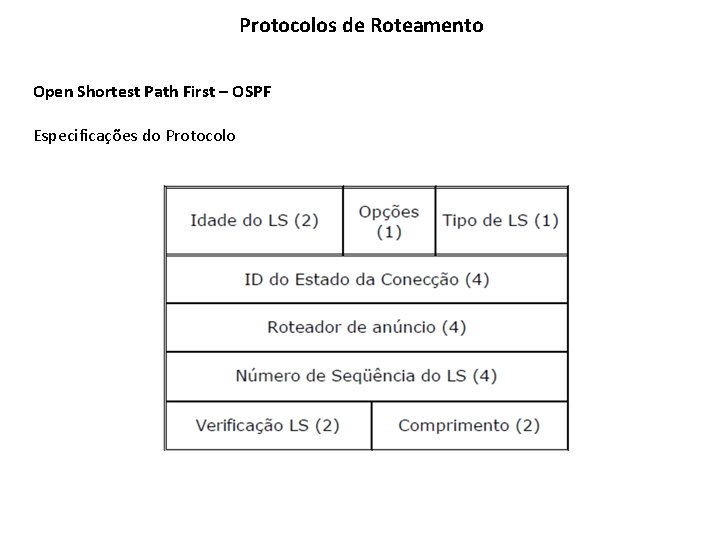 Protocolos de Roteamento Open Shortest Path First – OSPF Especificações do Protocolo 