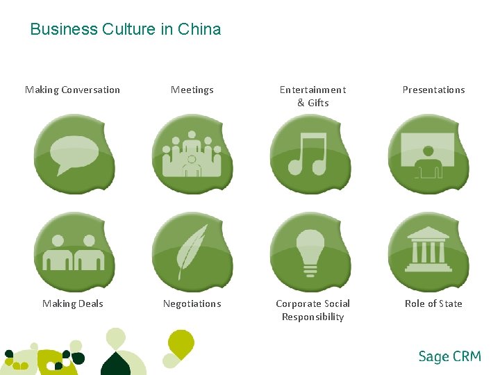 Business Culture in China Making Conversation Meetings Entertainment & Gifts Presentations Making Deals Negotiations