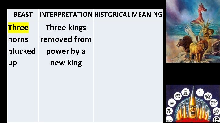 BEAST INTERPRETATION HISTORICAL MEANING Three kings horns removed from plucked power by a up
