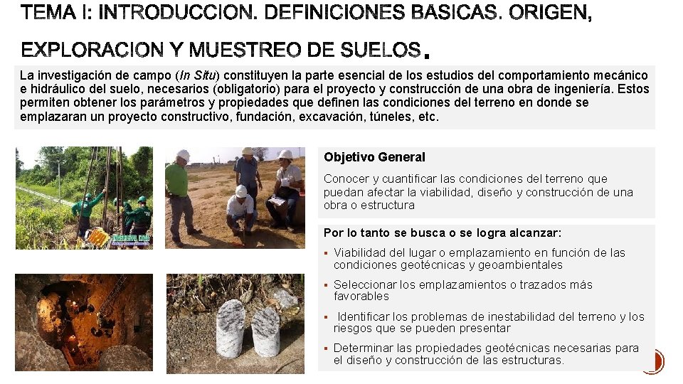 La investigación de campo (In Situ) constituyen la parte esencial de los estudios del