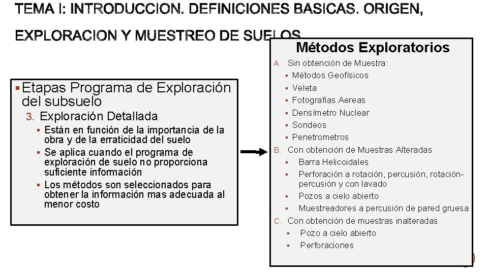 Métodos Exploratorios A. Sin obtención de Muestra: § Etapas Programa de Exploración del subsuelo