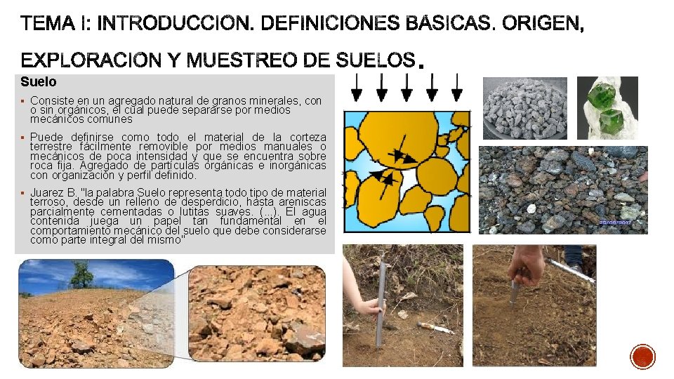 Suelo § Consiste en un agregado natural de granos minerales, con o sin orgánicos,