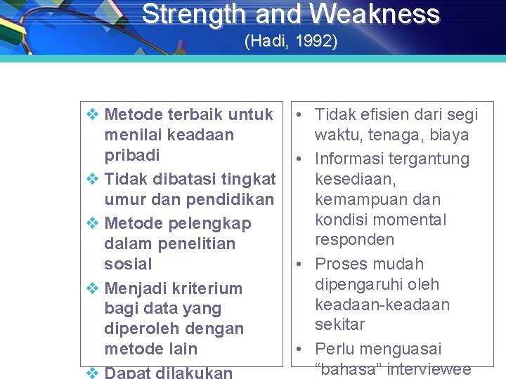 Strength and Weakness (Hadi, 1992) v Metode terbaik untuk menilai keadaan pribadi v Tidak Strength and Weakness (Hadi, 1992) v Metode terbaik untuk menilai keadaan pribadi v Tidak