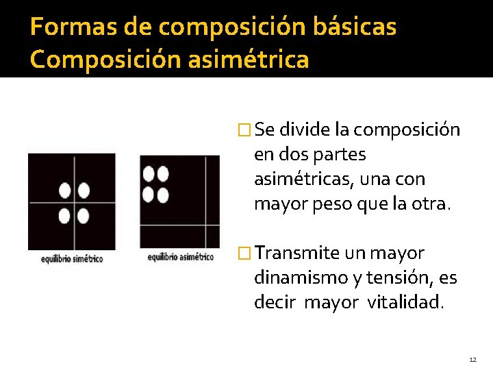 Formas de composición básicas Composición asimétrica �Se divide la composición en dos partes asimétricas, Formas de composición básicas Composición asimétrica �Se divide la composición en dos partes asimétricas,