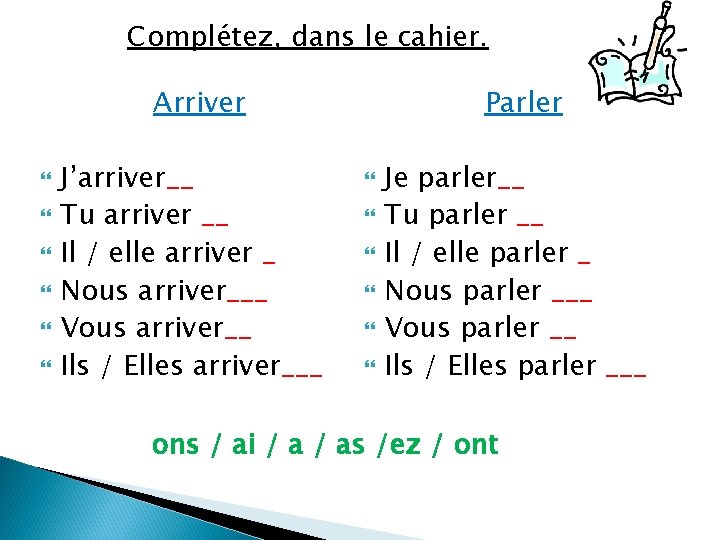 Complétez, dans le cahier. Arriver J’arriver__ Tu arriver __ Il / elle arriver _