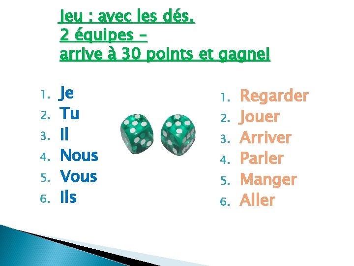 Jeu : avec les dés. 2 équipes – arrive à 30 points et gagne!