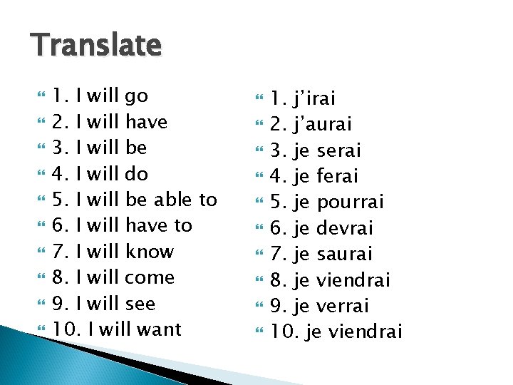 Translate 1. I will go 2. I will have 3. I will be 4. Translate 1. I will go 2. I will have 3. I will be 4.
