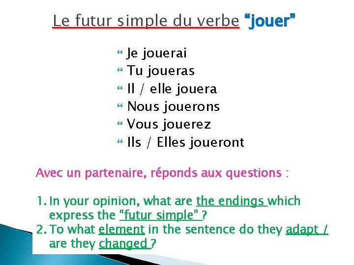 Le futur simple du verbe “jouer” Je jouerai Tu joueras Il / elle jouera