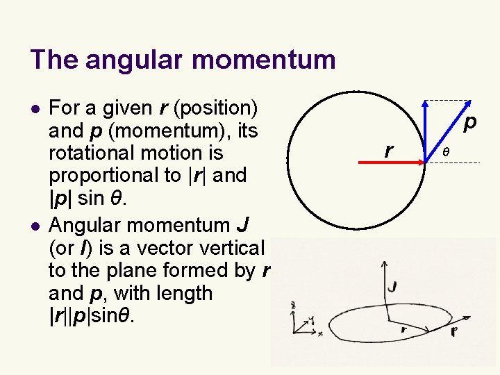 The angular momentum l l For a given r (position) and p (momentum), its The angular momentum l l For a given r (position) and p (momentum), its