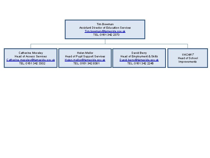 Tim Bowman Assistant Director of Education Services Tim. bowman@tameside. gov. uk TEL: 0161 342