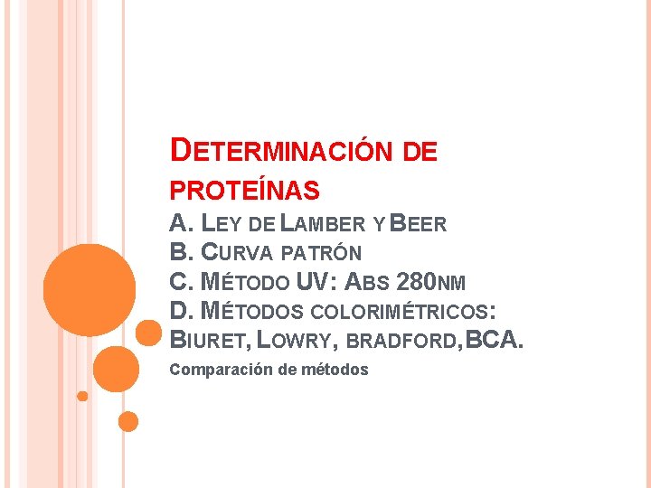 DETERMINACIÓN DE PROTEÍNAS A. LEY DE LAMBER Y BEER B. CURVA PATRÓN C. MÉTODO