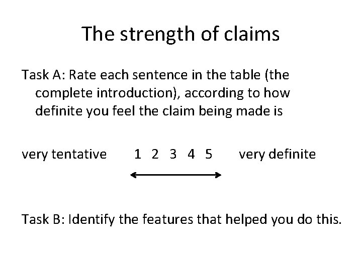 The strength of claims Task A: Rate each sentence in the table (the complete