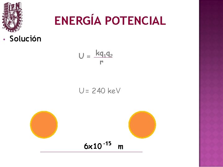 ENERGÍA POTENCIAL • Solución U = k q 1 q 2 r U =