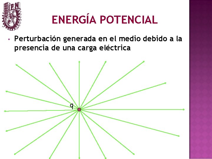 ENERGÍA POTENCIAL • Perturbación generada en el medio debido a la presencia de una