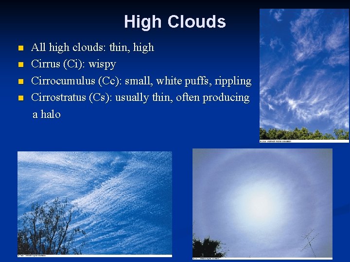 High Clouds n n All high clouds: thin, high Cirrus (Ci): wispy Cirrocumulus (Cc):