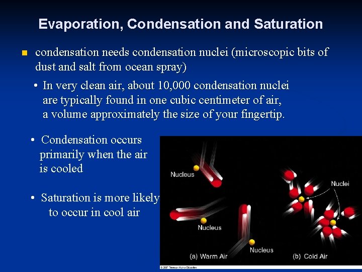 Evaporation, Condensation and Saturation n condensation needs condensation nuclei (microscopic bits of dust and