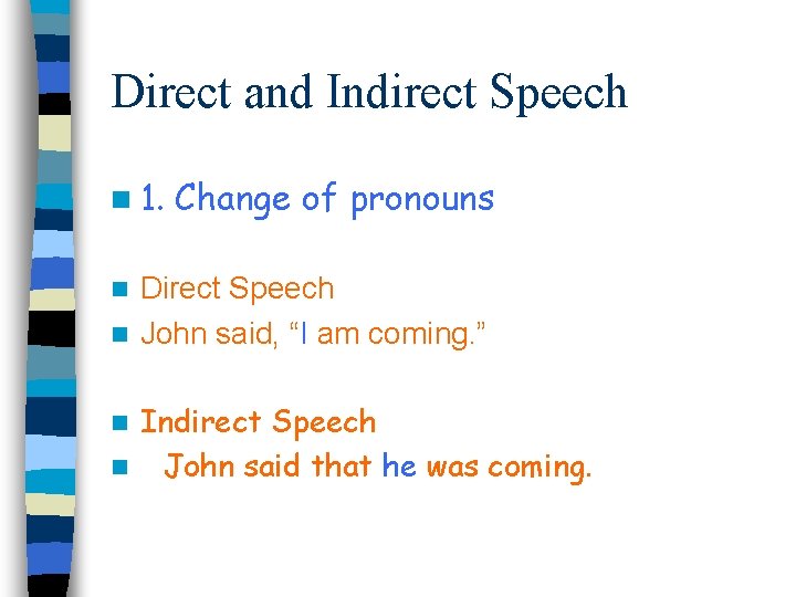 Direct and Indirect Speech n 1. Change of pronouns Direct Speech n John said,