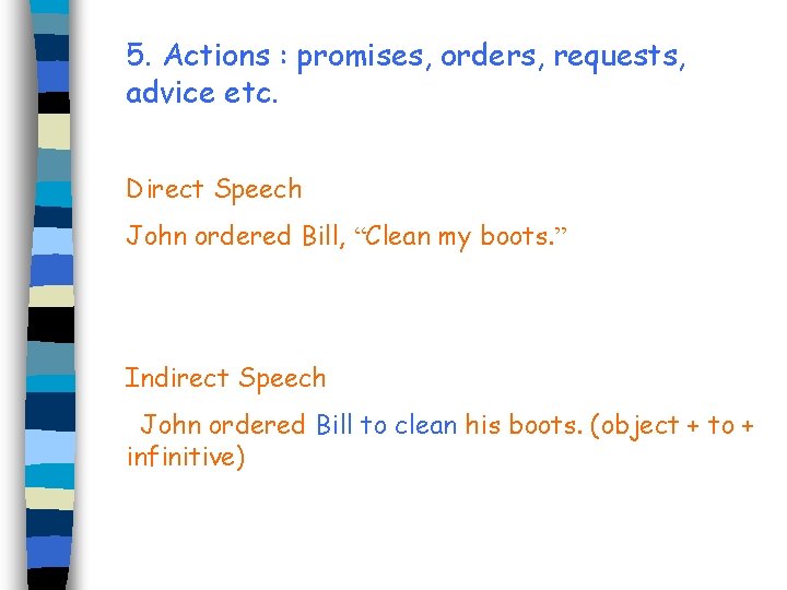 5. Actions : promises, orders, requests, advice etc. Direct Speech John ordered Bill, “Clean