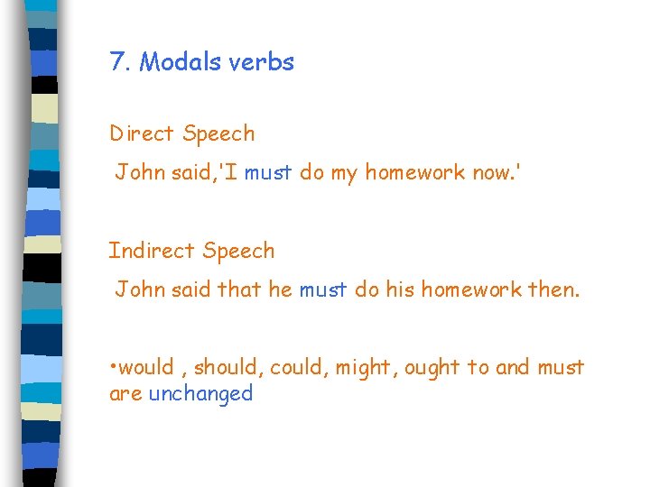 7. Modals verbs Direct Speech John said, 'I must do my homework now. '