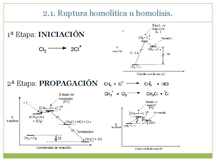 2. 1. Ruptura homolítica u homolisis. 1ª Etapa: INICIACIÓN 2ª Etapa: PROPAGACIÓN 2. 1. Ruptura homolítica u homolisis. 1ª Etapa: INICIACIÓN 2ª Etapa: PROPAGACIÓN