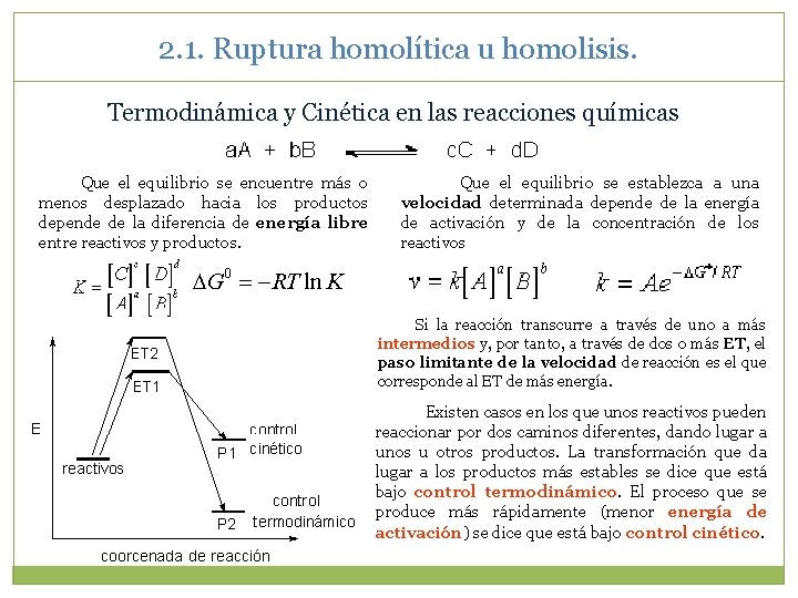 2. 1. Ruptura homolítica u homolisis. Termodinámica y Cinética en las reacciones químicas Que 2. 1. Ruptura homolítica u homolisis. Termodinámica y Cinética en las reacciones químicas Que