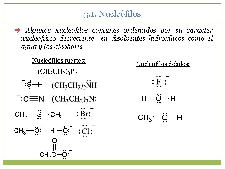 3. 1. Nucleófilos Algunos nucleófilos comunes ordenados por su carácter nucleofílico decreciente en disolventes 3. 1. Nucleófilos Algunos nucleófilos comunes ordenados por su carácter nucleofílico decreciente en disolventes