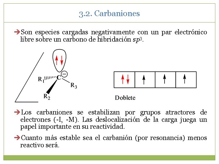 3. 2. Carbaniones Son especies cargadas negativamente con un par electrónico libre sobre un 3. 2. Carbaniones Son especies cargadas negativamente con un par electrónico libre sobre un