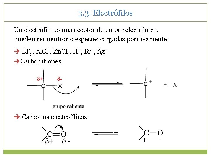 3. 3. Electrófilos Un electrófilo es una aceptor de un par electrónico. Pueden ser 3. 3. Electrófilos Un electrófilo es una aceptor de un par electrónico. Pueden ser