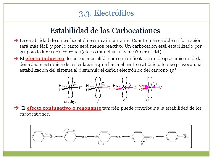 3. 3. Electrófilos Estabilidad de los Carbocationes La estabilidad de un carbocatión es muy 3. 3. Electrófilos Estabilidad de los Carbocationes La estabilidad de un carbocatión es muy