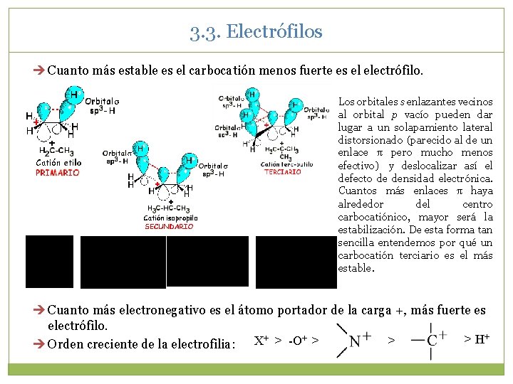 3. 3. Electrófilos Cuanto más estable es el carbocatión menos fuerte es el electrófilo. 3. 3. Electrófilos Cuanto más estable es el carbocatión menos fuerte es el electrófilo.