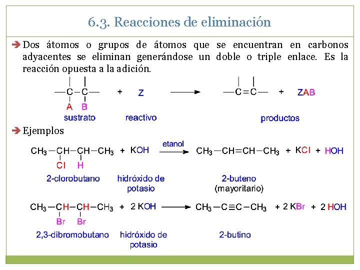 6. 3. Reacciones de eliminación Dos átomos o grupos de átomos que se encuentran 6. 3. Reacciones de eliminación Dos átomos o grupos de átomos que se encuentran