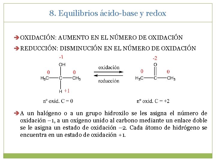 8. Equilibrios ácido-base y redox OXIDACIÓN: AUMENTO EN EL NÚMERO DE OXIDACIÓN REDUCCIÓN: DISMINUCIÓN 8. Equilibrios ácido-base y redox OXIDACIÓN: AUMENTO EN EL NÚMERO DE OXIDACIÓN REDUCCIÓN: DISMINUCIÓN