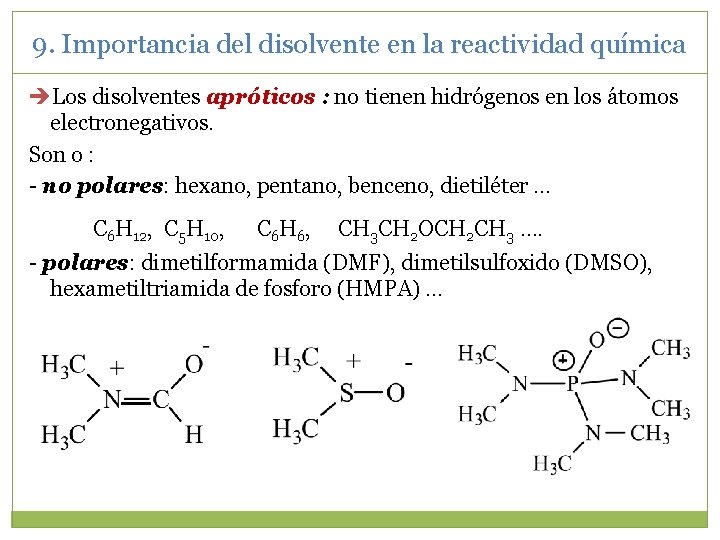 9. Importancia del disolvente en la reactividad química Los disolventes apróticos : no tienen 9. Importancia del disolvente en la reactividad química Los disolventes apróticos : no tienen