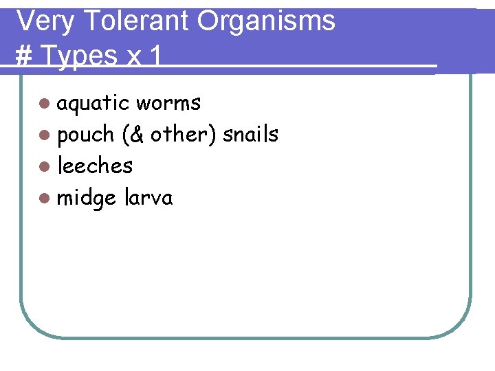 Very Tolerant Organisms # Types x 1 l aquatic worms l pouch (& other)
