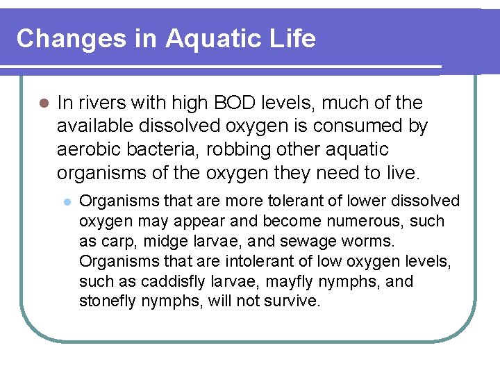 Changes in Aquatic Life l In rivers with high BOD levels, much of the