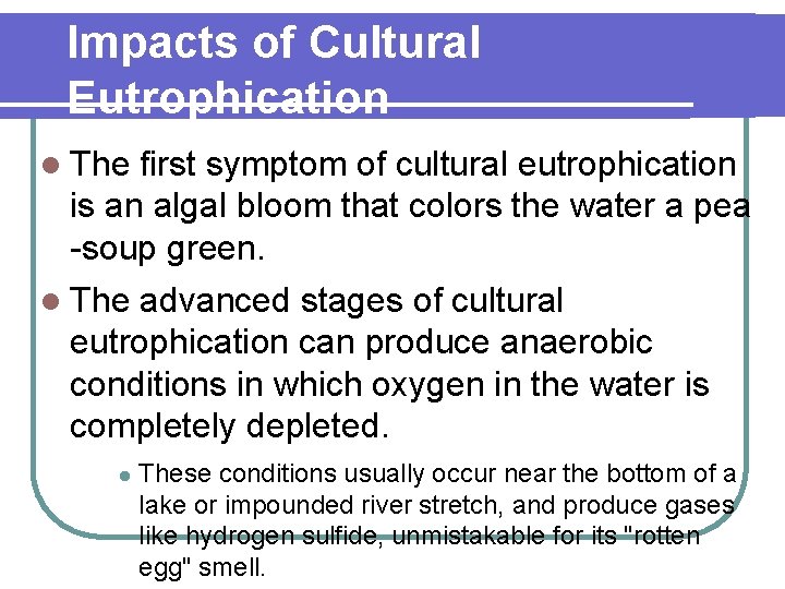 Impacts of Cultural Eutrophication l The first symptom of cultural eutrophication is an algal