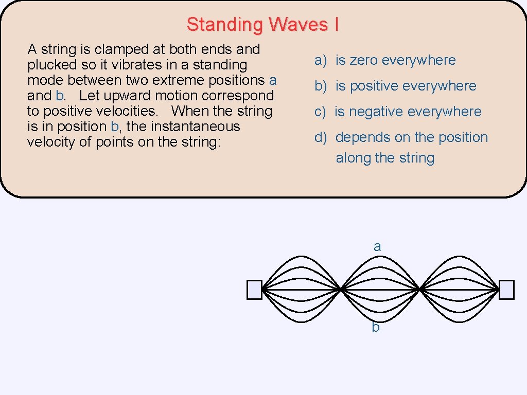 Standing Waves I A string is clamped at both ends and plucked so it Standing Waves I A string is clamped at both ends and plucked so it