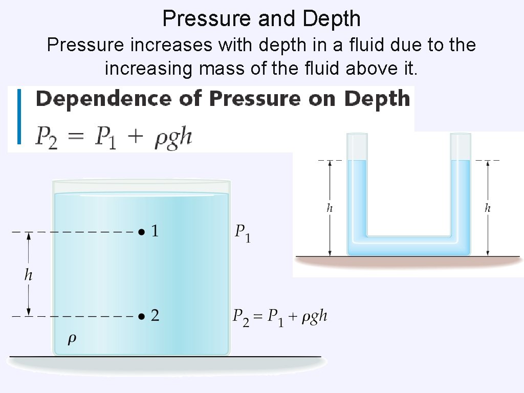 Pressure and Depth Pressure increases with depth in a fluid due to the increasing Pressure and Depth Pressure increases with depth in a fluid due to the increasing