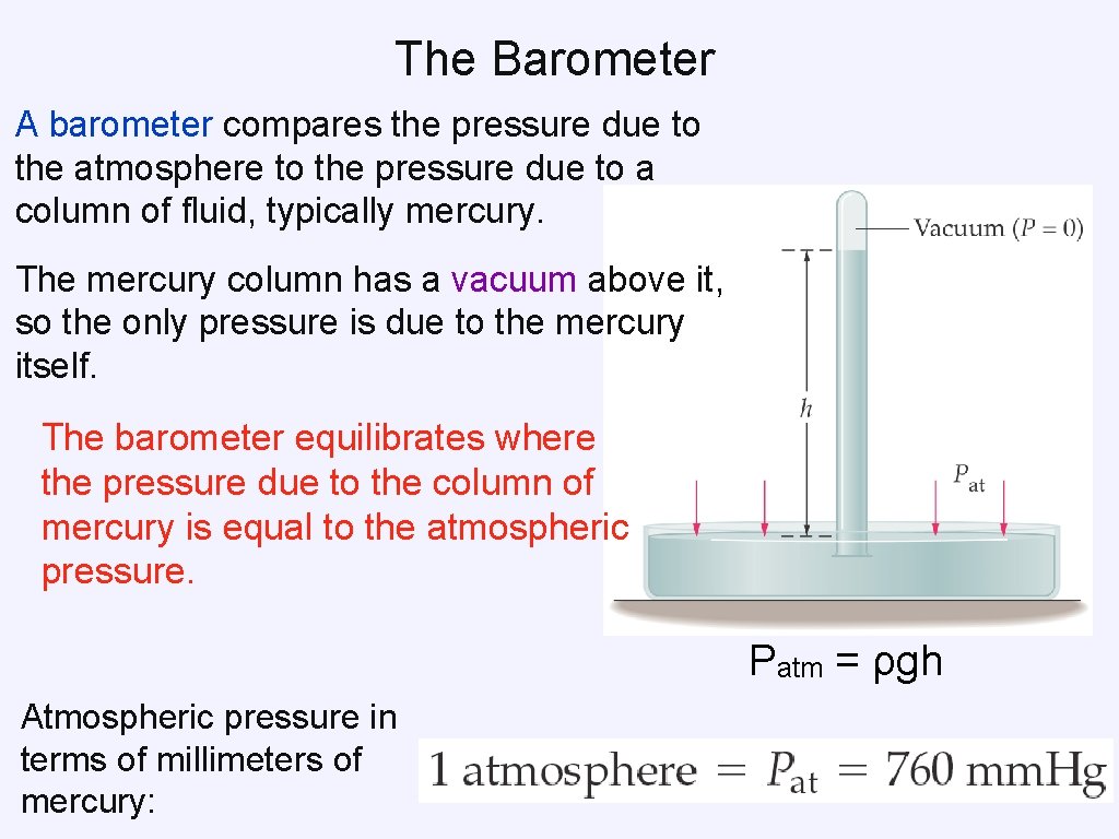 The Barometer A barometer compares the pressure due to the atmosphere to the pressure The Barometer A barometer compares the pressure due to the atmosphere to the pressure