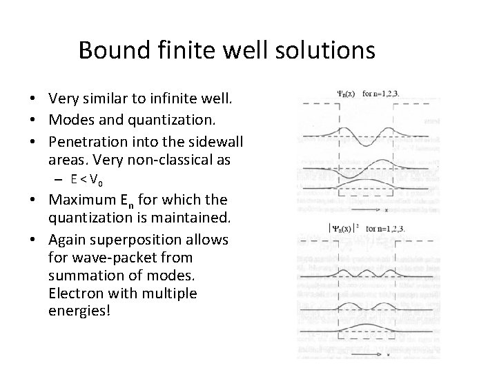 Bound finite well solutions • Very similar to infinite well. • Modes and quantization.