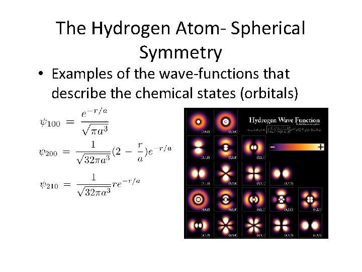 The Hydrogen Atom- Spherical Symmetry • Examples of the wave-functions that describe the chemical