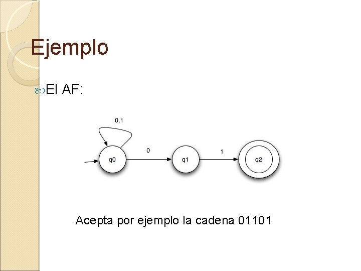 Ejemplo El AF: Acepta por ejemplo la cadena 01101 