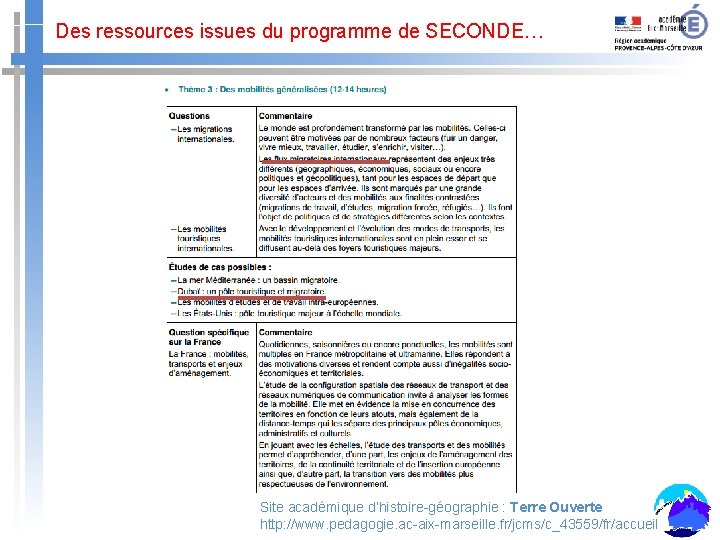 Des ressources issues du programme de SECONDE… Site académique d’histoire-géographie : Terre Ouverte http: