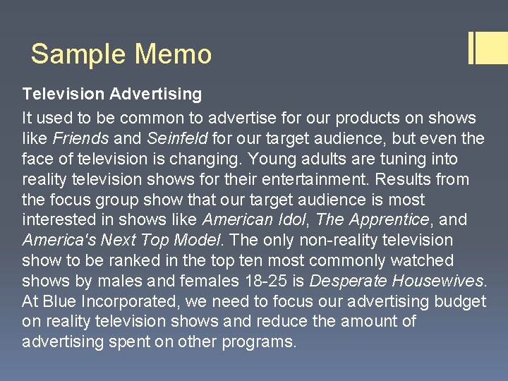 Sample Memo Television Advertising It used to be common to advertise for our products