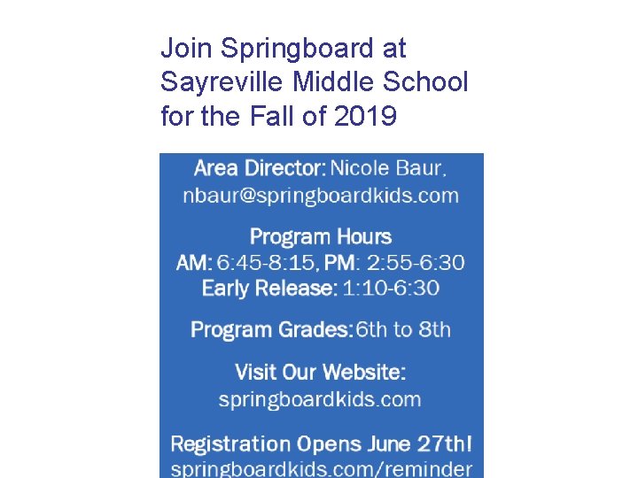 Join Springboard at Sayreville Middle School for the Fall of 2019 