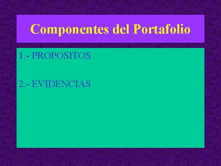 Componentes del Portafolio 1. - PROPOSITOS 2. - EVIDENCIAS 