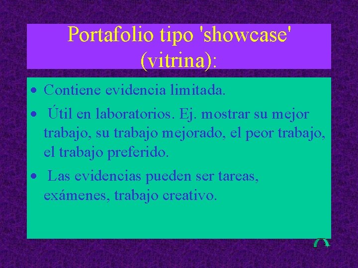 Portafolio tipo 'showcase' (vitrina): · Contiene evidencia limitada. · Útil en laboratorios. Ej. mostrar
