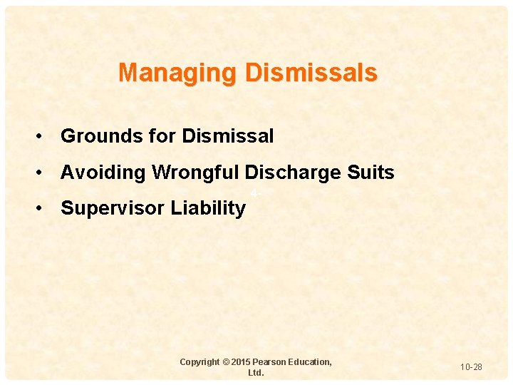 Managing Dismissals • Grounds for Dismissal • Avoiding Wrongful Discharge Suits • Supervisor Liability